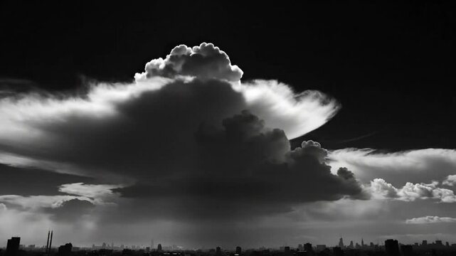 Dramatic monochrome view of dark thunderstorm clouds over city skyline with rain