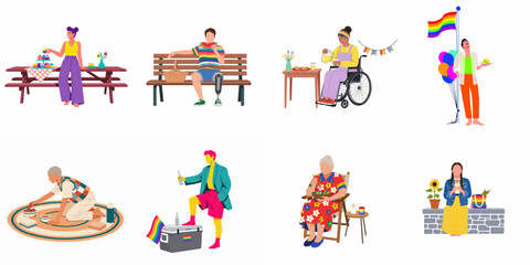 Naklejka premium Set of Diverse People Celebrating Pride Month with Outdoors Activities, Picnics, and Food Illustrations Isolated on White Background