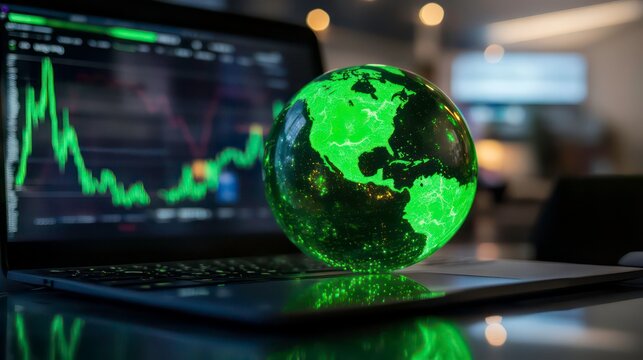 A glowing green globe displayed on a laptop screen with market charts in the background, emphasizing sustainable Responsible Investing, SRI investing, ESG