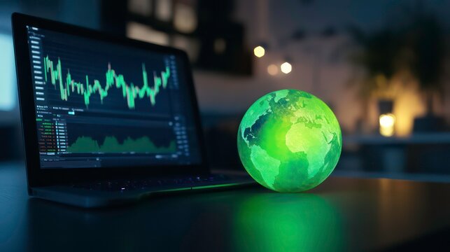 A glowing green globe displayed on a laptop screen with market charts in the background, emphasizing sustainable Responsible Investing, SRI investing, ESG