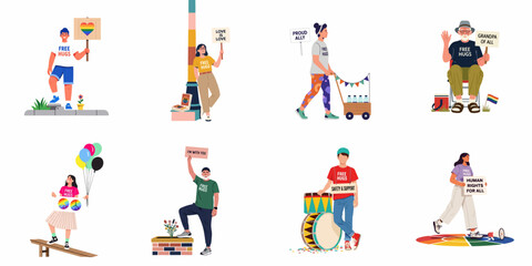 Fototapeta premium Diverse Set of People Participating in an LGBTQ+ Pride Parade with Free Hugs Signs and Supportive Messages