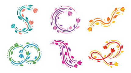 Fototapeta premium Vibrant floral monogram alphabet shapes and organic swirl design elements in clean vector style.