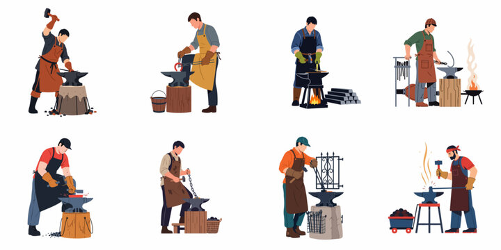 Collection of blacksmith characters working with metal, anvils, and hammers in various forging poses, isolated on white background