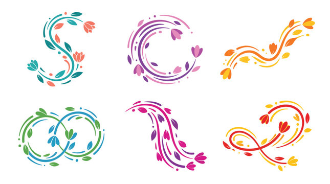 Vibrant floral monogram alphabet shapes and organic swirl design elements in clean vector style.