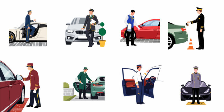 Set of flat vector illustrations depicting professional valet parking attendants in various uniforms serving luxury car owners at hotels and upscale events.