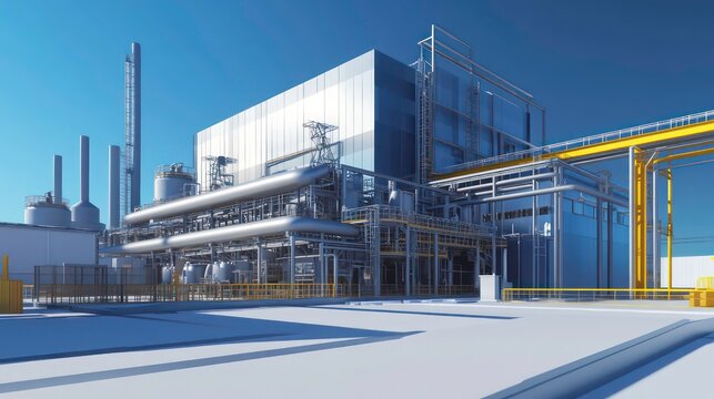 A modern industrial plant with steel pipes and equipment. View of the production line from the outside. An energy production or petrochemical industry concept