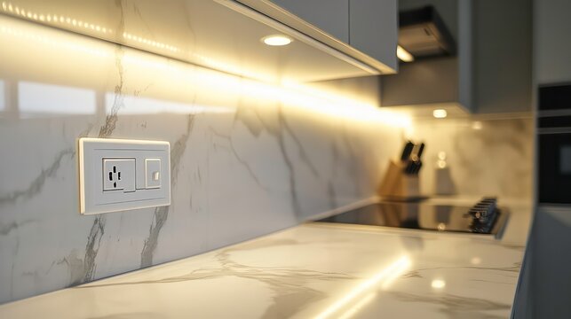 A modern kitchen scene featuring a marble countertop with light switches and an electrical outlet against a stylish backdrop.
