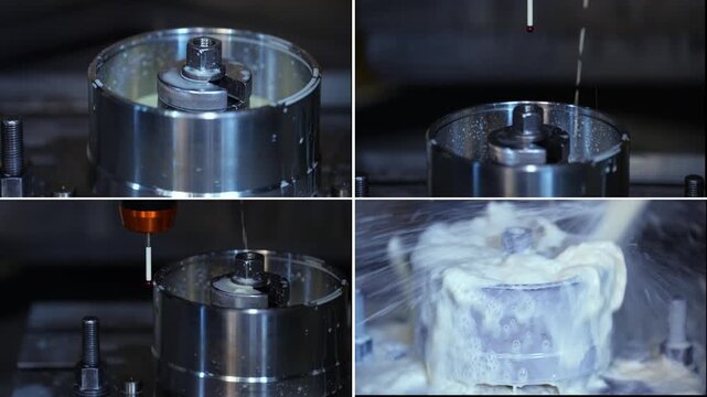 CNC turning machine high precision throwing coolant liquid on metal component in shaping forming process by computer numerical control automation milling workpiece using a rotating cutting tool