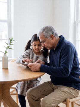 Multi-generational granddaughter helping her grandfather use technology 