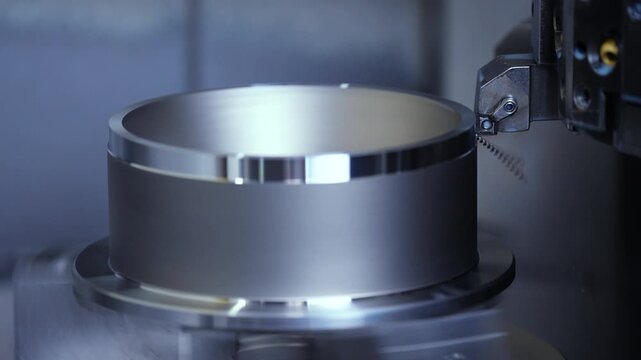 CNC turning machine high precision throwing coolant liquid on metal component in shaping forming process by computer numerical control automation milling workpiece using a rotating cutting tool