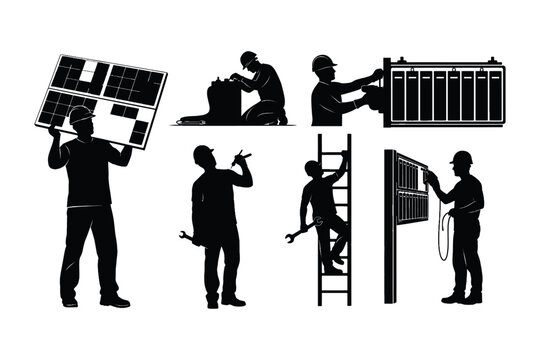 Solar Maintenance Technician Ladder Pose Silhouette Set
