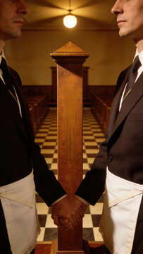Two men dressed as Freemasons shaking hands in a masonic lodge. Concept of secret society, brotherhood ritual, and mystery. Symbolic architecture of a temple with checkered floor.