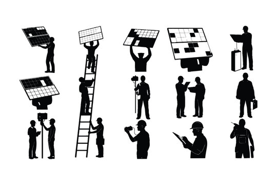 Solar Panel Installer Climbing Ladder Silhouette Vector Illustration