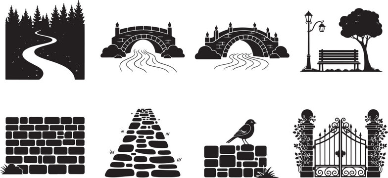 Garden and park landscape elements silhouette set featuring stone walls bridges paths gates and park furniture vector