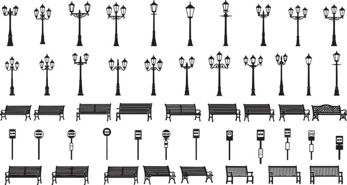Street furniture silhouettes collection including various lamp posts, park benches, and bus stop signs for urban design