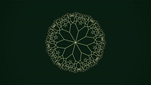 A mesmerizing seamless 4K loop of a glowing emerald fractal tree sacred-geometry pattern breathing in radial symmetry in crisp volumetric detail. Ideal for yoga, meditation background. 4K UHD.