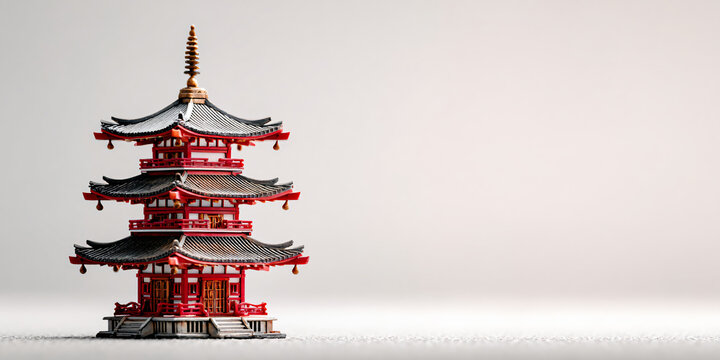 Red Miniature Japanese Pagoda on Light Gray Background