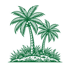 Fototapeta premium Green ink sketch of two coconut palm trees on a small patch of grass island with tropical botanical vegetation