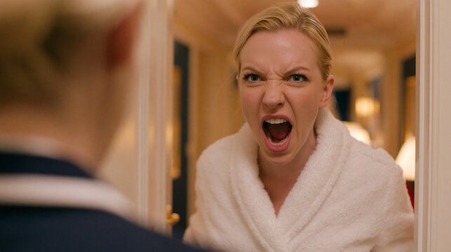  Furious female hotel guest in a white bathrobe aggressively screaming at a housekeeper. Over the shoulder view. Concept of bad customer service, demanding client, toxic behavior and stressful job in 