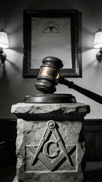 Wooden gavel on stone altar with freemasonry symbol inside secret lodge. Masonic authority and law concept. Ritual tool for secret society meeting or esoteric council chamber.