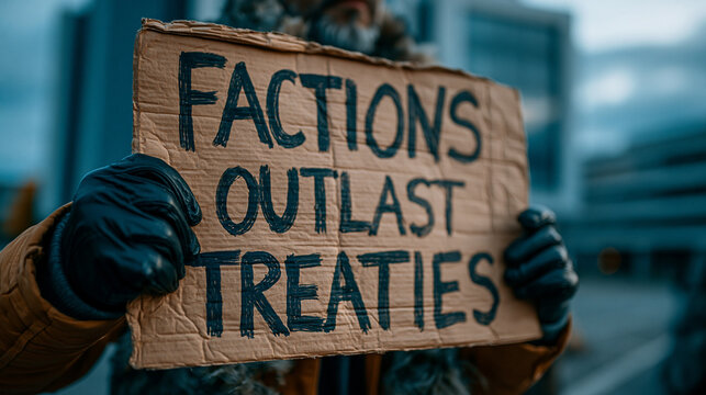 Factions Outlast Treaties: A close-up of a protest sign held by gloved hands, bearing the bold message FACTIONS OUTLAST TREATIES in stark black lettering.