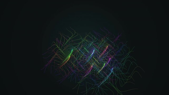 Seamless 4K loop of a glowing cyan radial burst morphing through an abstract topology field in rich volumetric light. Ideal for projection mapping, data visualization. 4K UHD.