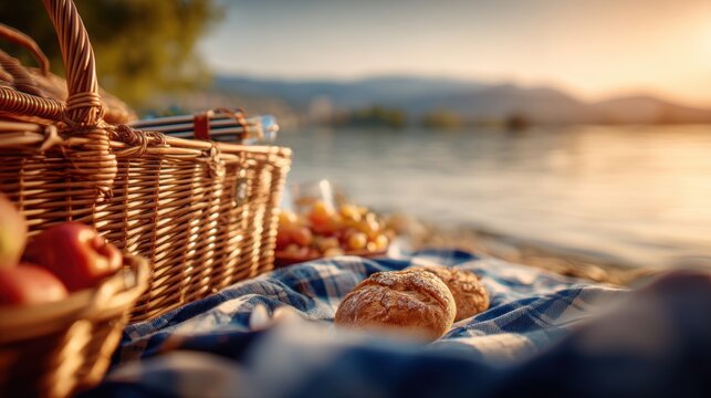 Spring Summer outdoor leisure relaxation activity. A serene outdoor scene at sunset. A wicker basket filled with red apples and a loaf of bread rests on a blue and white checkered cloth.