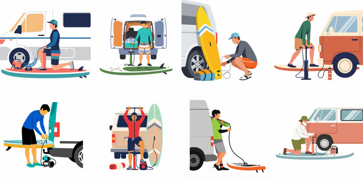 Collection of illustrations showing men inflating paddleboards and surfboards near their vans for outdoor summer water sports and travel adventures.