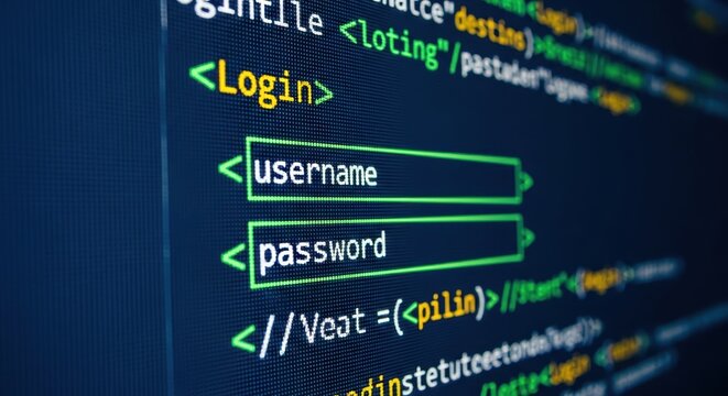 Close-up of Computer Screen Displaying Login Code with Username and Password Fields for Web Development and Cybersecurity