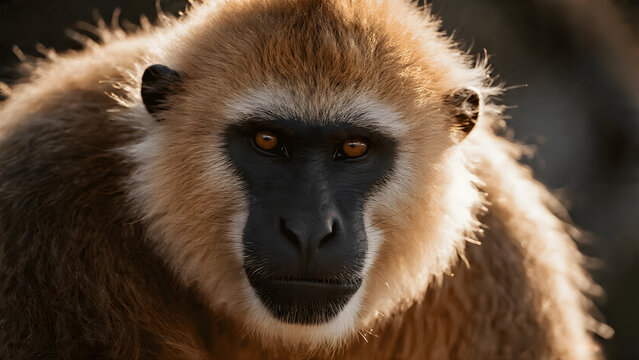 A detailed close-up portrait captures a gray langur looking directly forward with piercing amber eyes, illuminated by warm rim lighting.