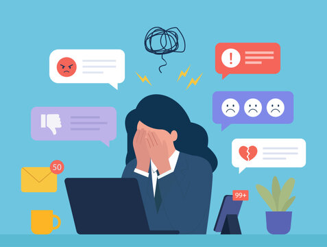 Stressed Woman at Laptop, Cyberbullying, Information Overload, Mental Burnout, Negative Feedback, Work Anxiety