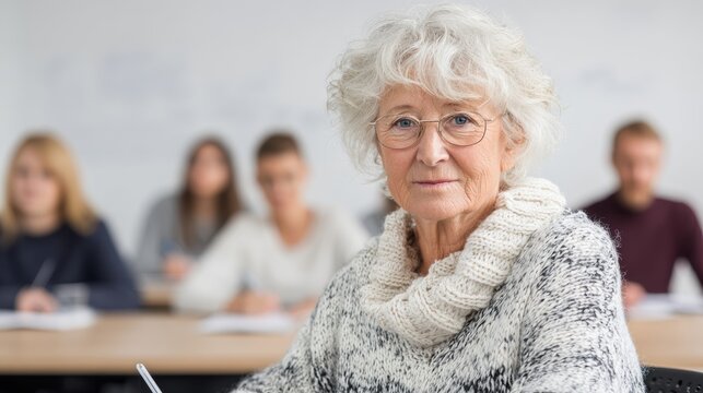Female diversity. Human rights, equal opportunity concept. A portrait of an elderly woman seated in a classroom. She wears a white, textured sweater and a white scarf around her neck. She has short.