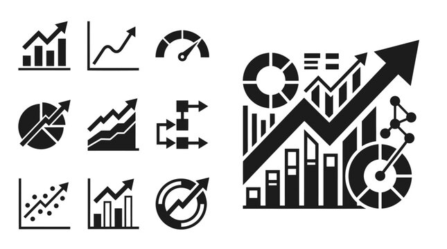 Business Growth Icons: Charts, Graphs, Analytics, and Data Visualization Set