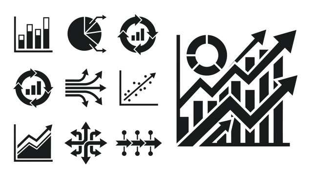Business Analytics Icons: Charts, Graphs, Data Visualization & Growth Arrows