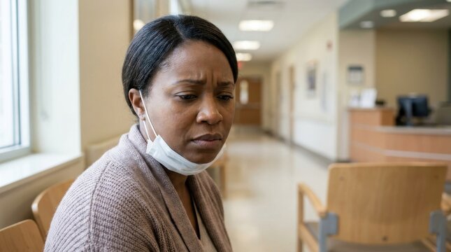 Concerned Black woman with medical mask pulled down to her chin sitting in a hospital waiting room, showing worry and anxiety in a healthcare setting