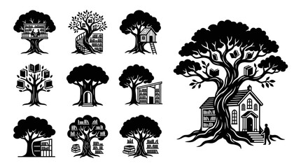 Magical Book Trees: Illustrations of Trees with Bookshelves, Houses, and Treehouses © khami