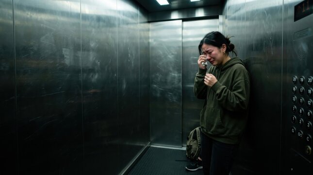 Distressed young Asian woman crying inside a dimly lit, scratched metal elevator, leaning against the wall with a tissue in her hand