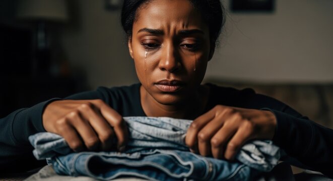 Distressed young Black woman crying with tears streaming down her face, looking down at folded denim clothes in a dimly lit indoor setting.
