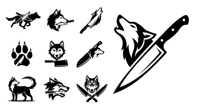 Wolf Head and Knife Icons Set: Fierce Animal Illustrations for Tattoos, Logos, and Emblems