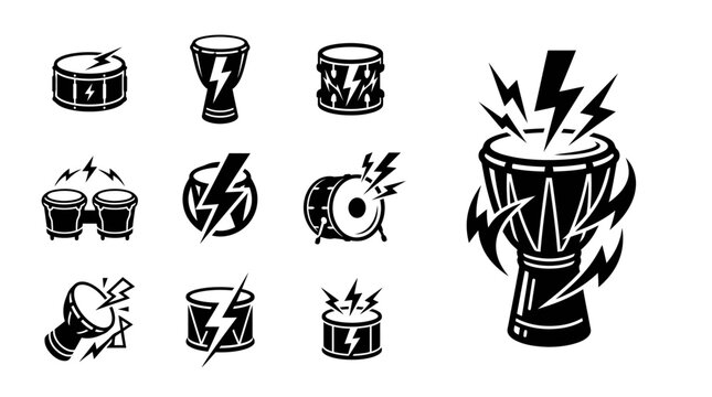 Drum Icons Set: Djembe, Bongo, Snare Drums with Lightning Bolt Energy