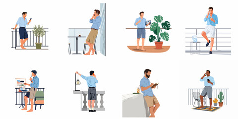 Collection of men working remotely from home on balconies and terraces, using digital devices in casual summer attire for a flexible lifestyle. © Sri