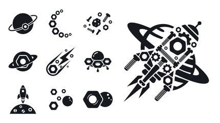 Cosmic Construction: Rocket Ship, Planets, UFO, Nuts, Bolts, Stars Icons © khami