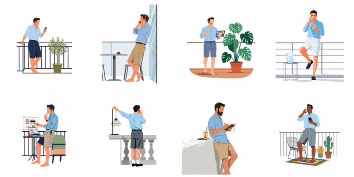 Collection of men working remotely from home on balconies and terraces, using digital devices in casual summer attire for a flexible lifestyle.