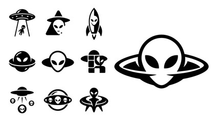 Alien Icons Set: UFOs, Spaceships, and Extraterrestrial Faces © khami