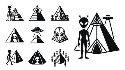 Alien Pyramids UFOs Conspiracy Icons Set © khami