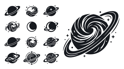 Cosmic Icons Set: Planets, Galaxies, and Swirling Nebulas in Black and White © khami