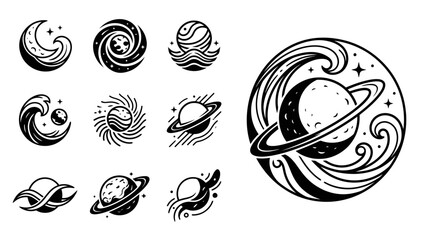 Cosmic Waves and Planets Vector Icons Set - Space Galaxy Swirls and Celestial Orbits © khami