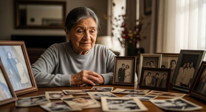 Elderly woman looking at old family photographs and framed pictures on a wooden table in a home setting.