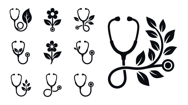 Stethoscope Icons with Floral and Leafy Motifs - Natural Healthcare & Wellness