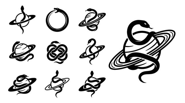 Mystical Serpent Cosmic Orbit Symbols - Ouroboros, Planet, Rings, Alchemy, Esoteric